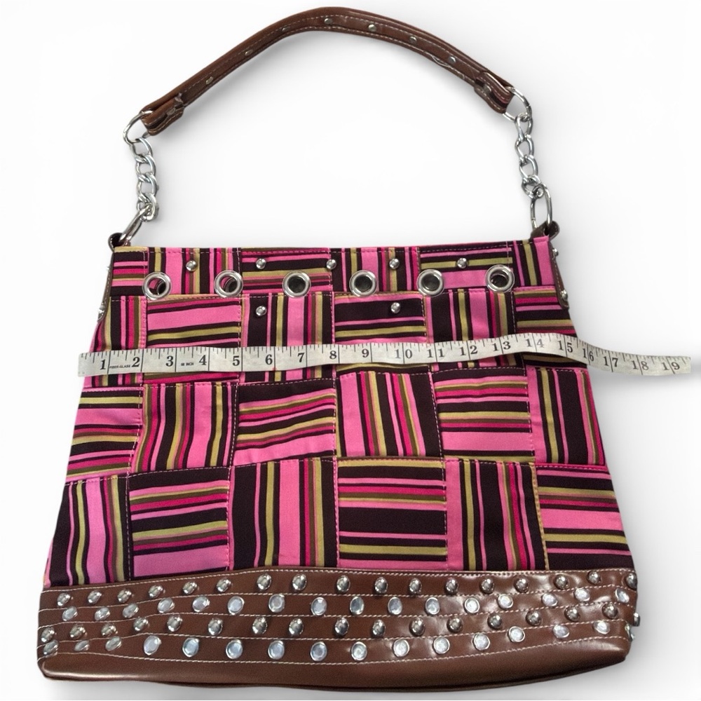 Pink Striped Vegan Leather Studded Bag Rhinestone Glam |Statement Purse Like New - Picture 14 of 17